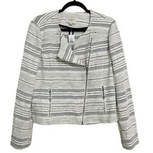 Ann Taylor Loft Textured Tweed Asymmetrical Striped Zip Moto Jacket Size 10